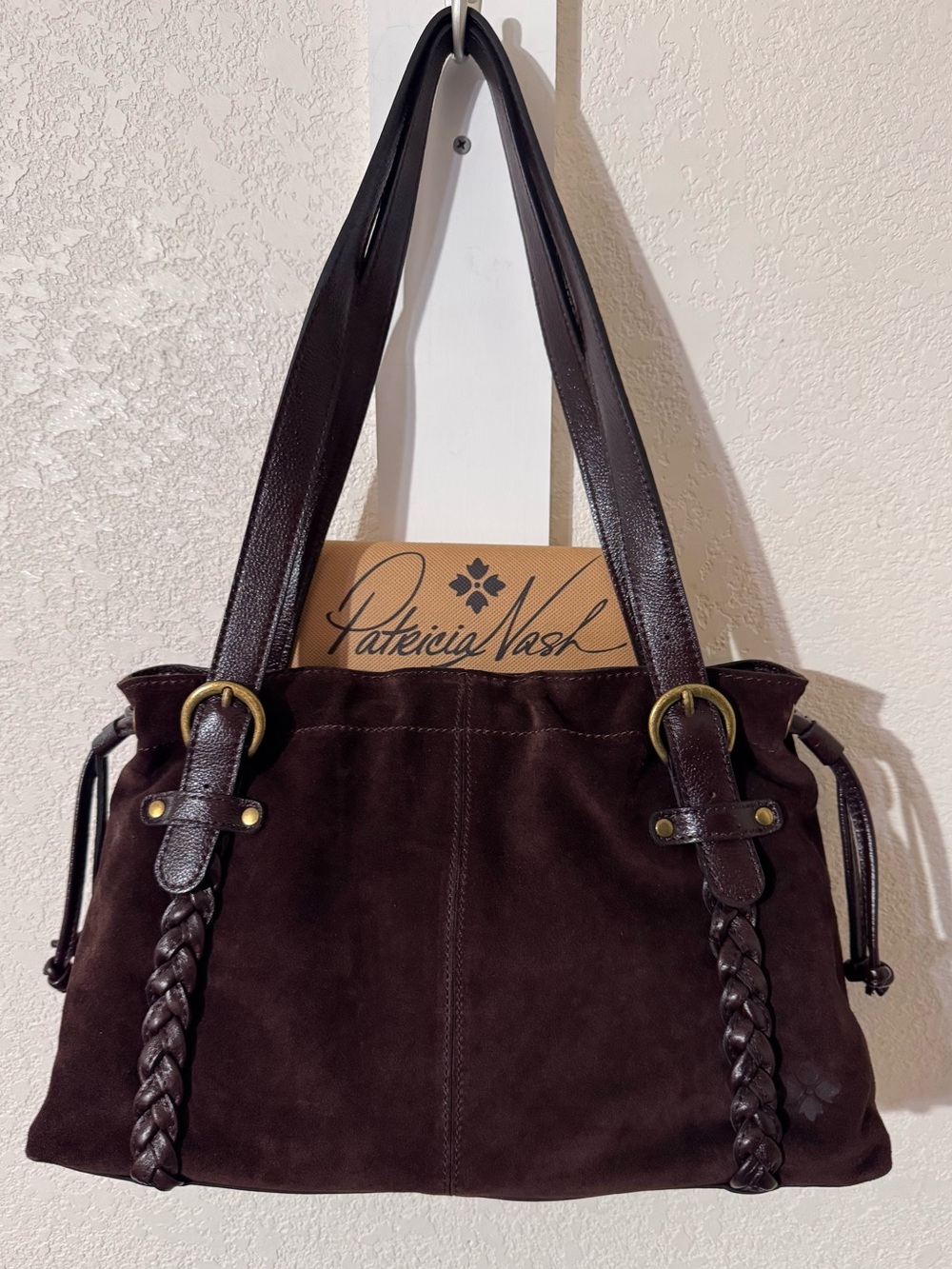Patricia Nash Cocoa Brown Suede,braided leather Hamilton Satchel Bag,impeccable